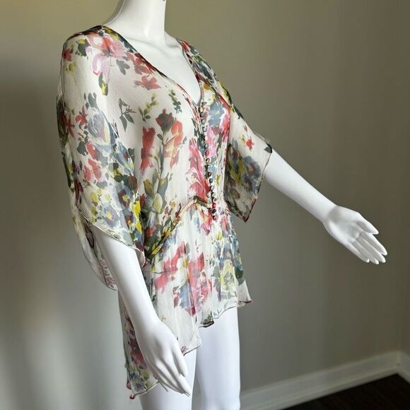 Boho Floral Sheer Chiffon Bell Sleeve 100% Silk Top - Picture 2 of 7